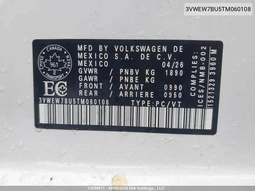 2026 VOLKSWAGEN JETTA VIN 3VWEW7BU5TM060108 — фото 9