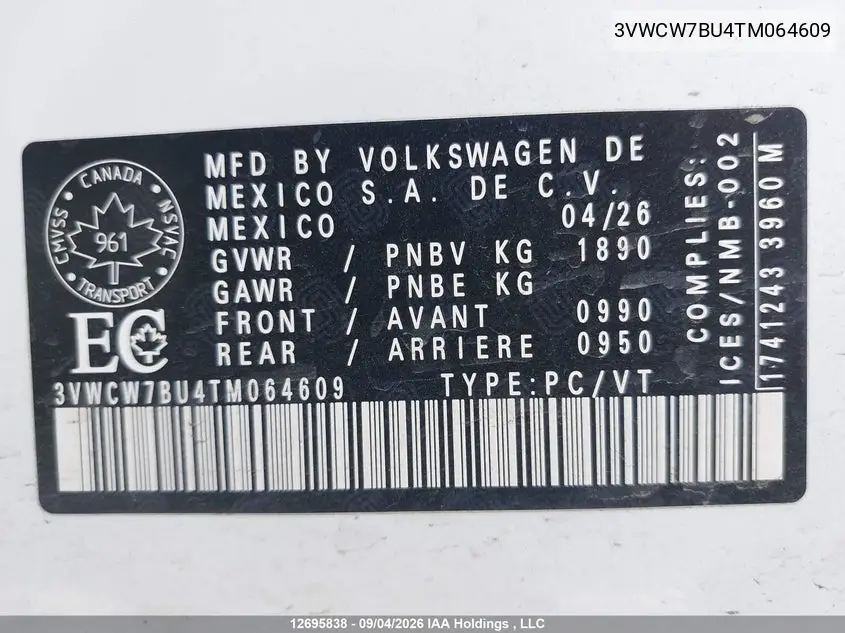 2026 VOLKSWAGEN JETTA VIN 3VWCW7BU4TM064609 — фото 9