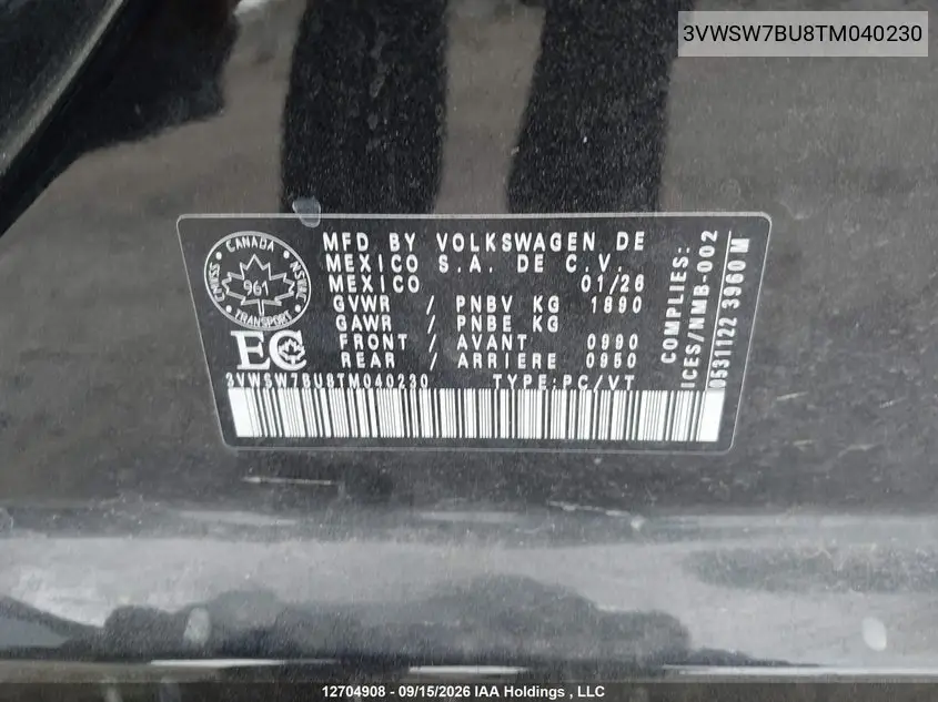 2026 VOLKSWAGEN JETTA VIN 3VWSW7BU8TM040230 — фото 9
