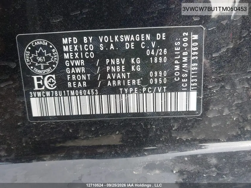 2026 VOLKSWAGEN JETTA VIN 3VWCW7BU1TM060453 — фото 9