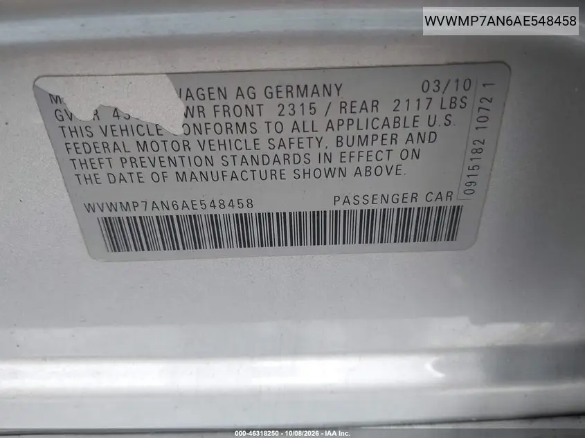 2010 VOLKSWAGEN PASSAT CC VIN WVWMP7AN6AE548458 — фото 9