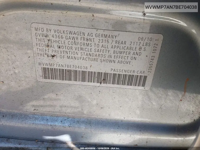 2011 VOLKSWAGEN PASSAT CC VIN WVWMP7AN7BE704038 — фото 9