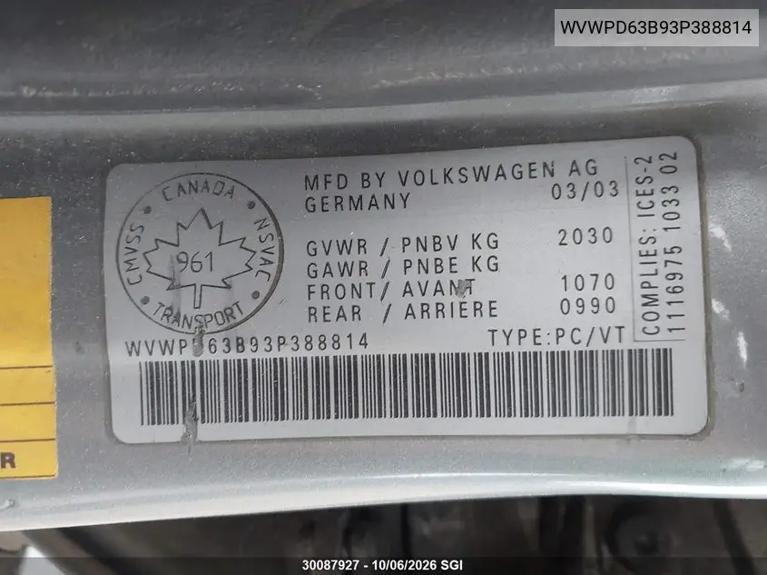 2003 VOLKSWAGEN PASSAT VIN WVWPD63B93P388814 — фото 9