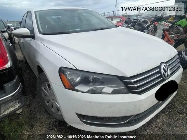 VOLKSWAGEN PASSAT 2012, VIN 1VWAH7A38CC012332