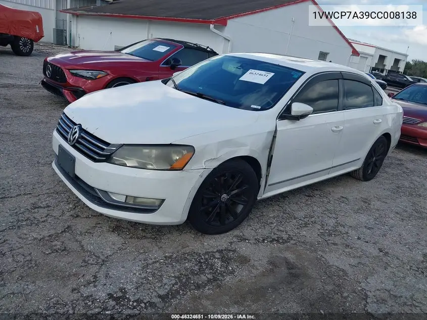 2012 VOLKSWAGEN PASSAT VIN 1VWCP7A39CC008138 — фото 2
