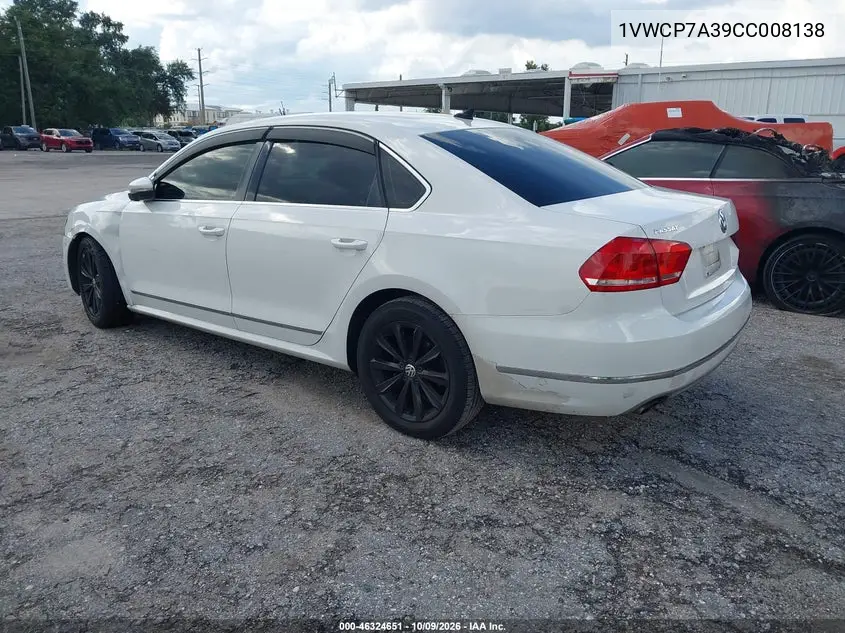 2012 VOLKSWAGEN PASSAT VIN 1VWCP7A39CC008138 — фото 3