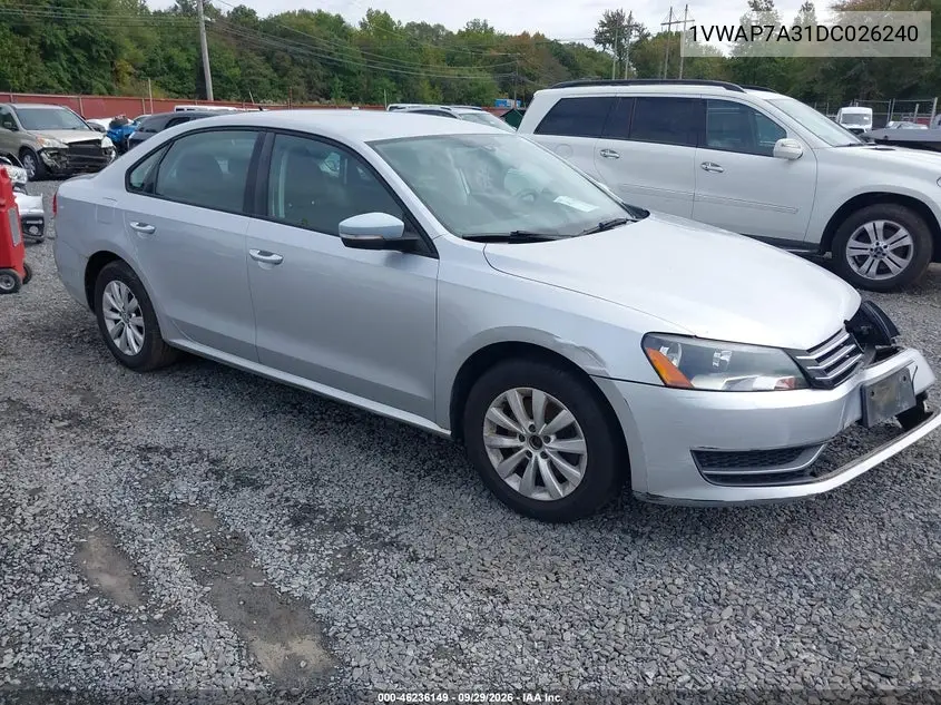 VOLKSWAGEN PASSAT 2013, VIN 1VWAP7A31DC026240