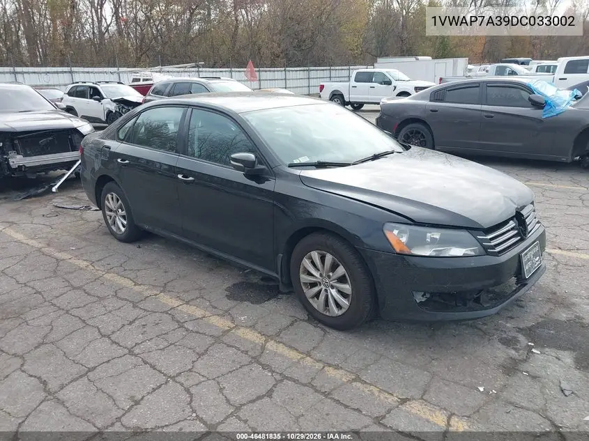 VOLKSWAGEN PASSAT 2013, VIN 1VWAP7A39DC033002