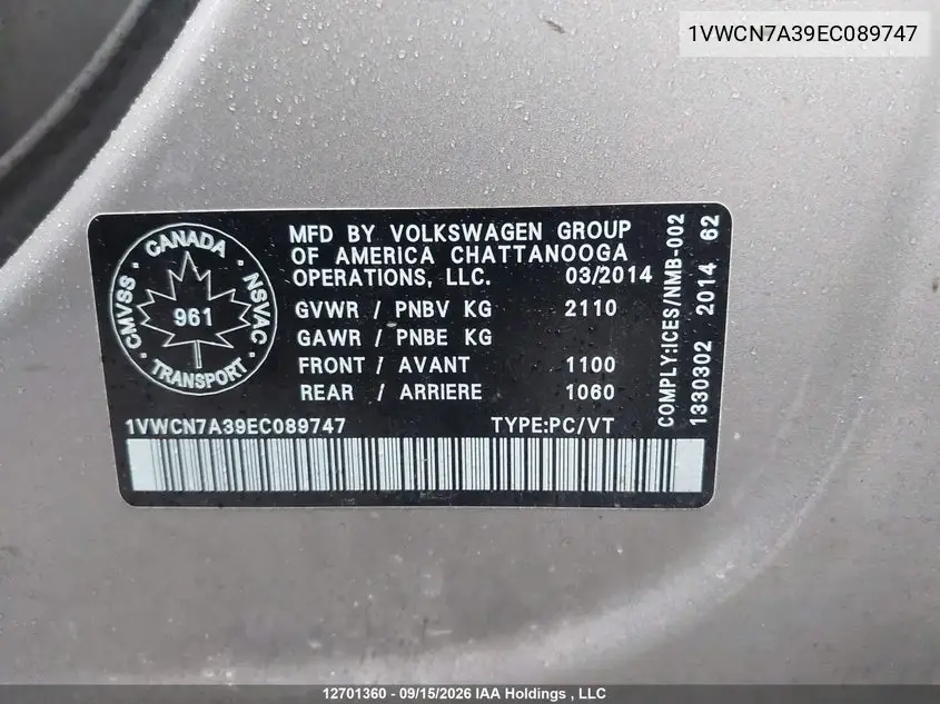 2014 VOLKSWAGEN PASSAT VIN 1VWCN7A39EC089747 — фото 18
