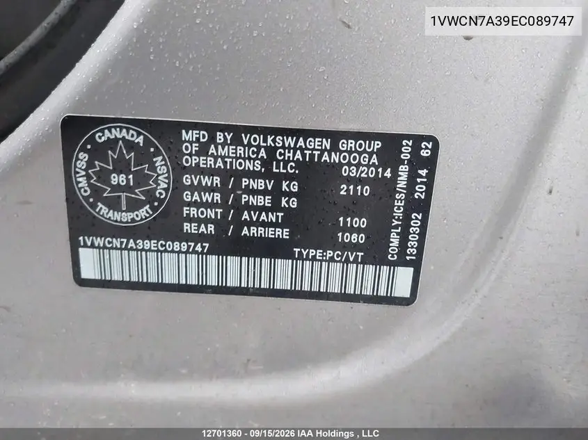 2014 VOLKSWAGEN PASSAT VIN 1VWCN7A39EC089747 — фото 19