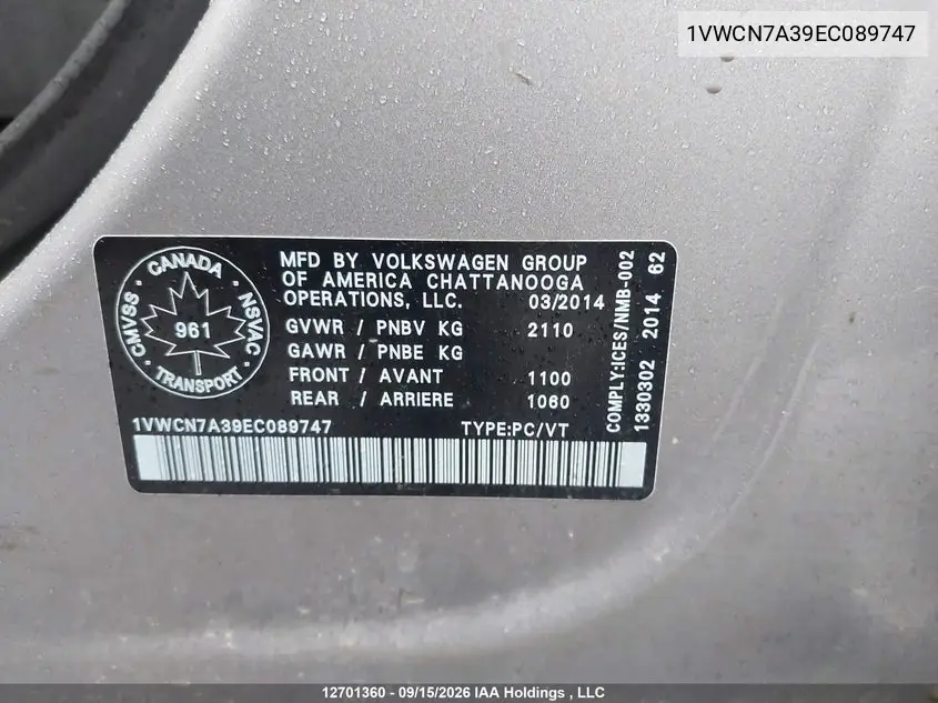 2014 VOLKSWAGEN PASSAT VIN 1VWCN7A39EC089747 — фото 9