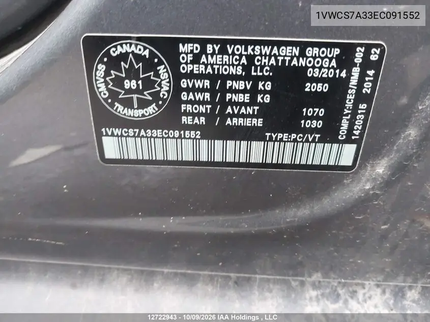 2014 VOLKSWAGEN PASSAT VIN 1VWCS7A33EC091552 — фото 18