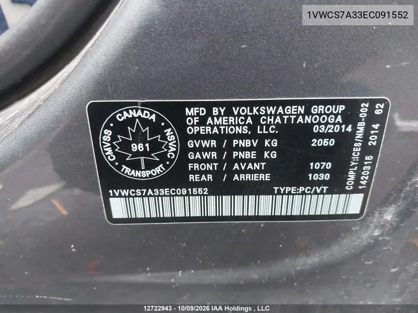 2014 VOLKSWAGEN PASSAT VIN 1VWCS7A33EC091552 — фото 9