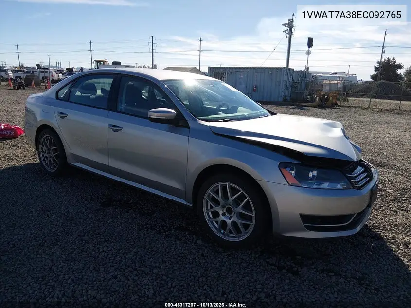 VOLKSWAGEN PASSAT 2014, VIN 1VWAT7A38EC092765