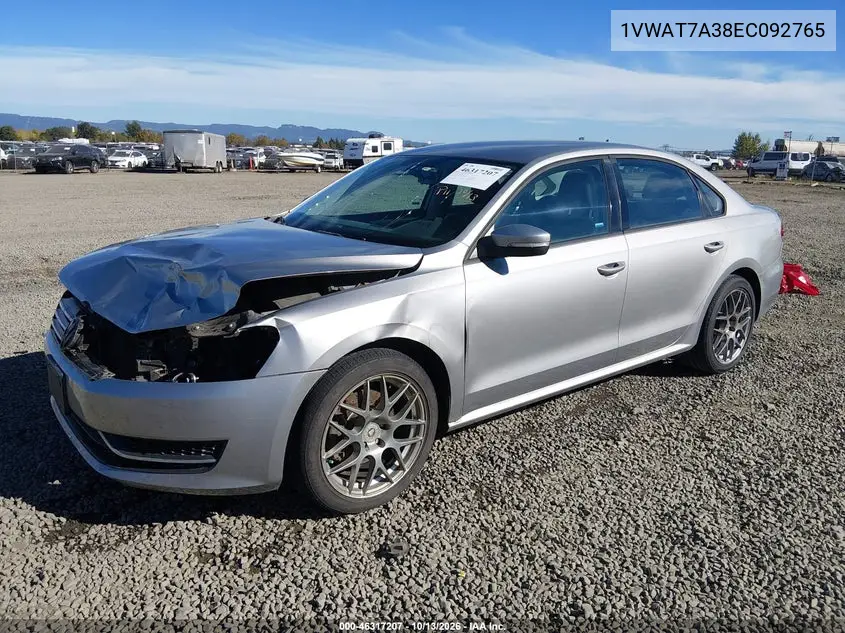 2014 VOLKSWAGEN PASSAT VIN 1VWAT7A38EC092765 — фото 2