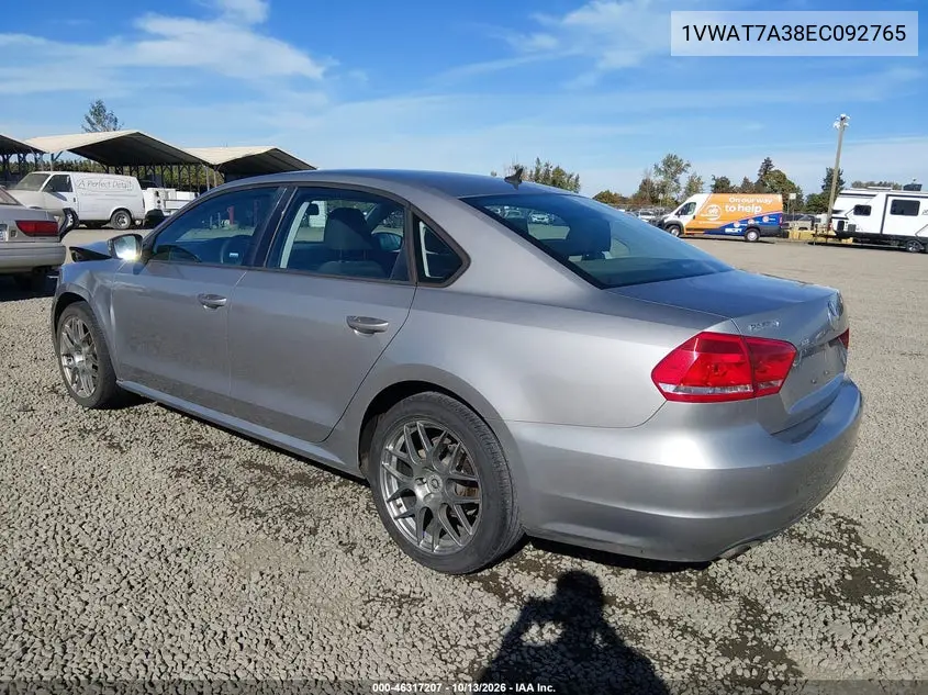 2014 VOLKSWAGEN PASSAT VIN 1VWAT7A38EC092765 — фото 3