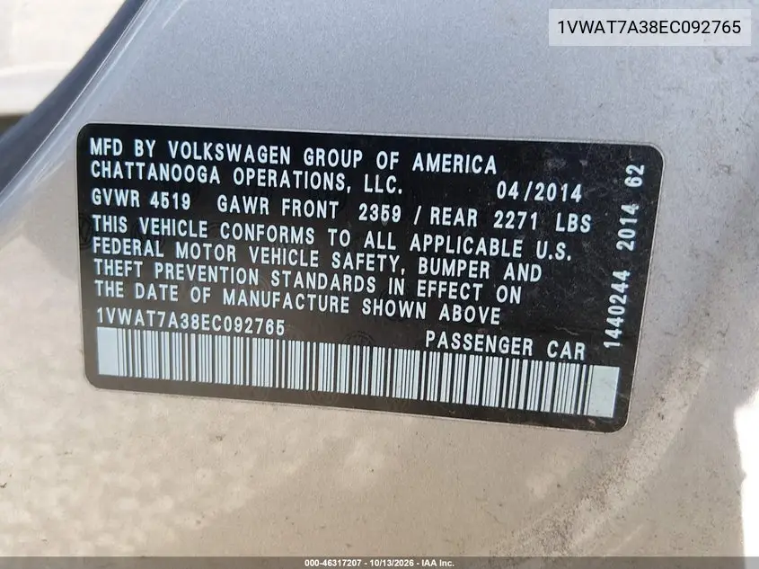 2014 VOLKSWAGEN PASSAT VIN 1VWAT7A38EC092765 — фото 9