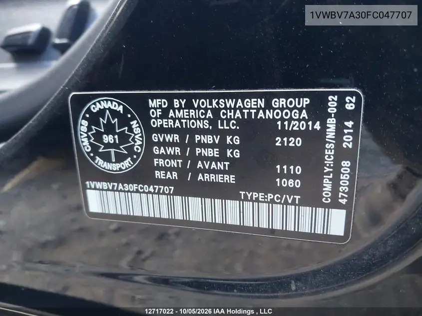 2015 VOLKSWAGEN PASSAT VIN 1VWBV7A30FC047707 — фото 9