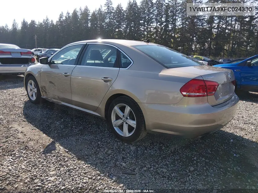 2015 VOLKSWAGEN PASSAT VIN 1VWBT7A3XFC024330 — фото 3