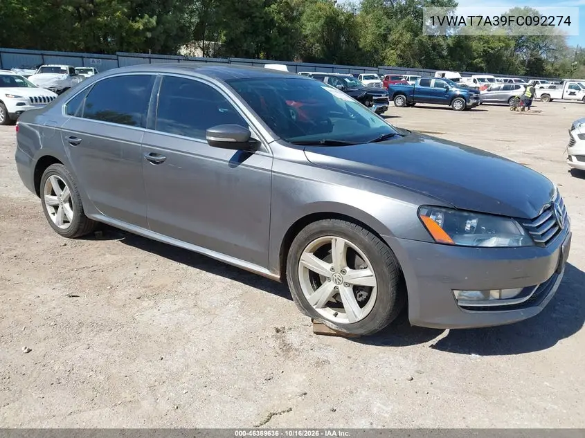 VOLKSWAGEN PASSAT 2015, VIN 1VWAT7A39FC092274