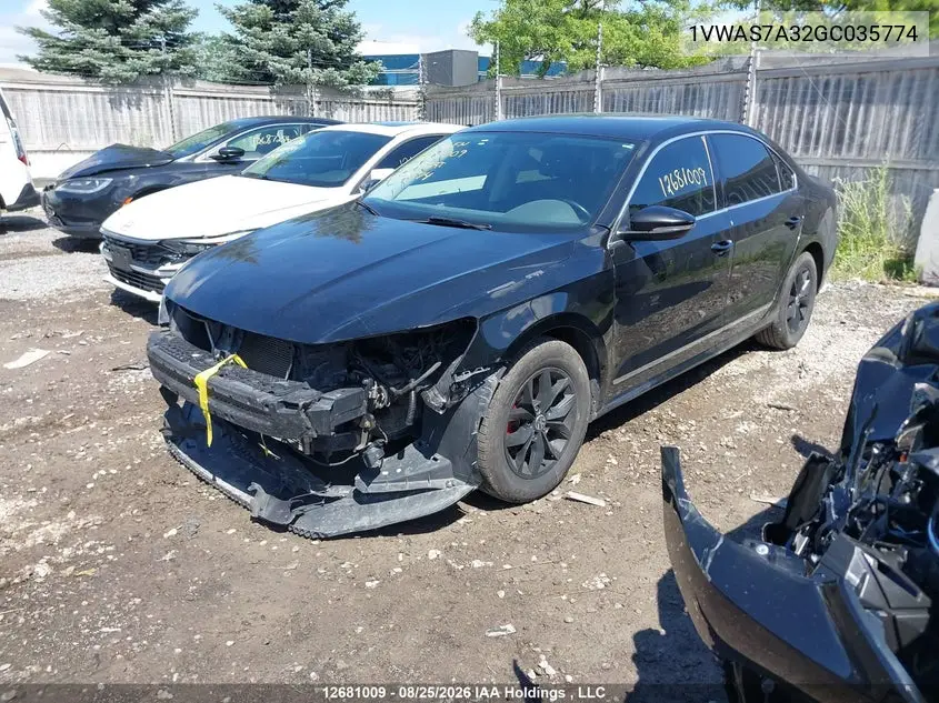 2016 VOLKSWAGEN PASSAT VIN 1VWAS7A32GC035774 — фото 2