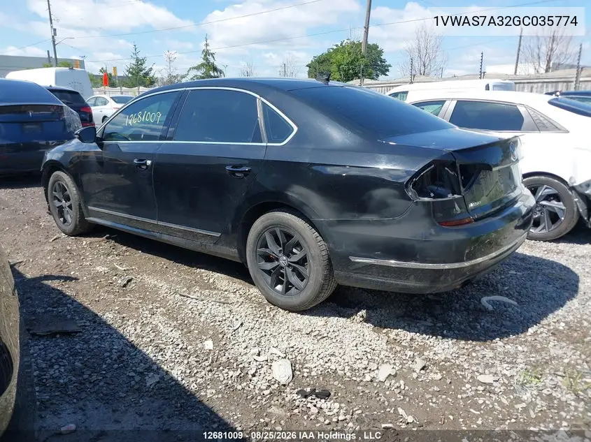 2016 VOLKSWAGEN PASSAT VIN 1VWAS7A32GC035774 — фото 3