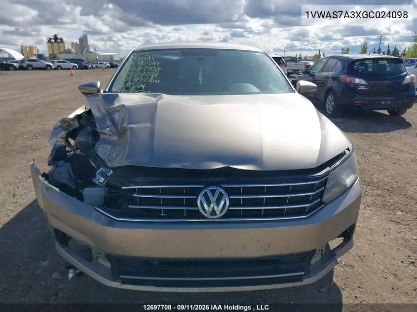 2016 VOLKSWAGEN PASSAT VIN 1VWAS7A3XGC024098 — фото 12