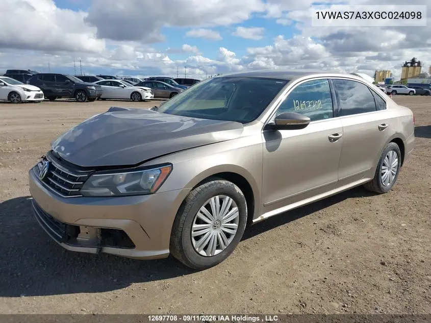 2016 VOLKSWAGEN PASSAT VIN 1VWAS7A3XGC024098 — фото 2