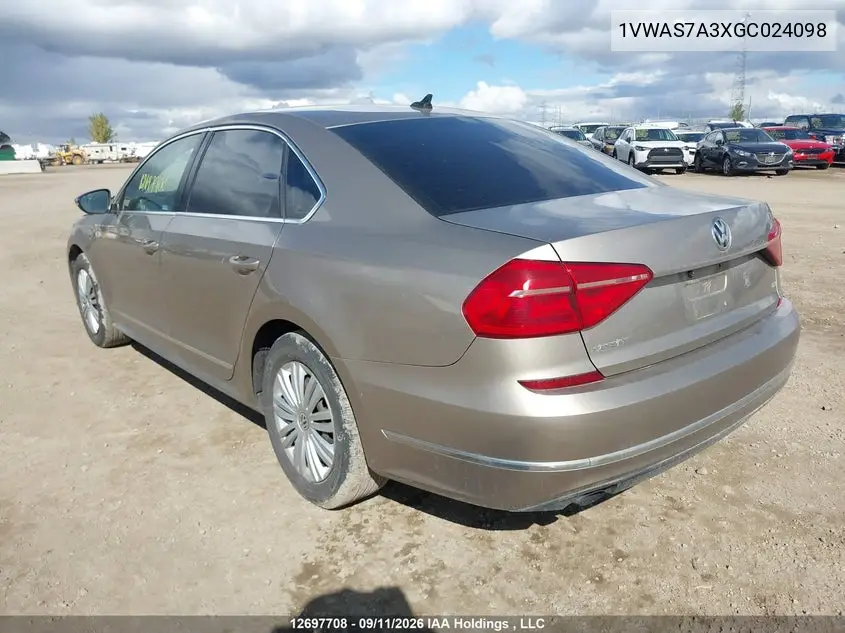 2016 VOLKSWAGEN PASSAT VIN 1VWAS7A3XGC024098 — фото 3
