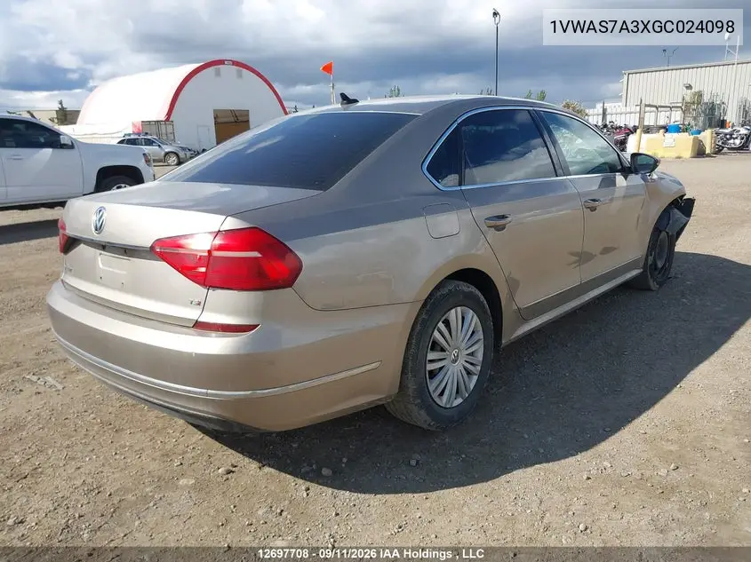 2016 VOLKSWAGEN PASSAT VIN 1VWAS7A3XGC024098 — фото 4