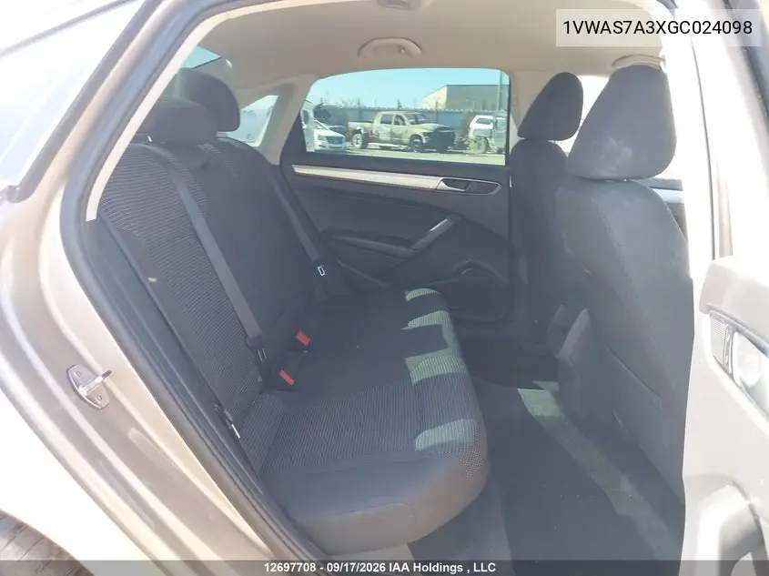 2016 VOLKSWAGEN PASSAT VIN 1VWAS7A3XGC024098 — фото 8