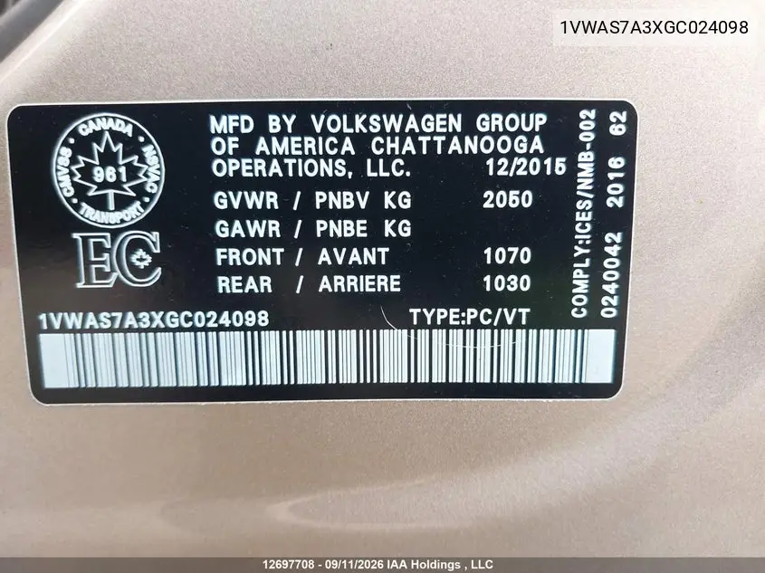 2016 VOLKSWAGEN PASSAT VIN 1VWAS7A3XGC024098 — фото 9