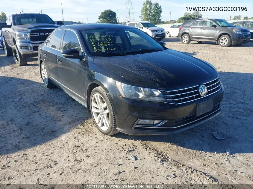 VOLKSWAGEN PASSAT 2016, VIN 1VWCS7A33GC003196