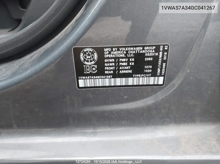 2016 VOLKSWAGEN PASSAT VIN 1VWAS7A34GC041267 — фото 17
