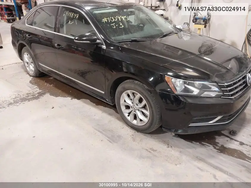 VOLKSWAGEN PASSAT 2016, VIN 1VWAS7A33GC024914