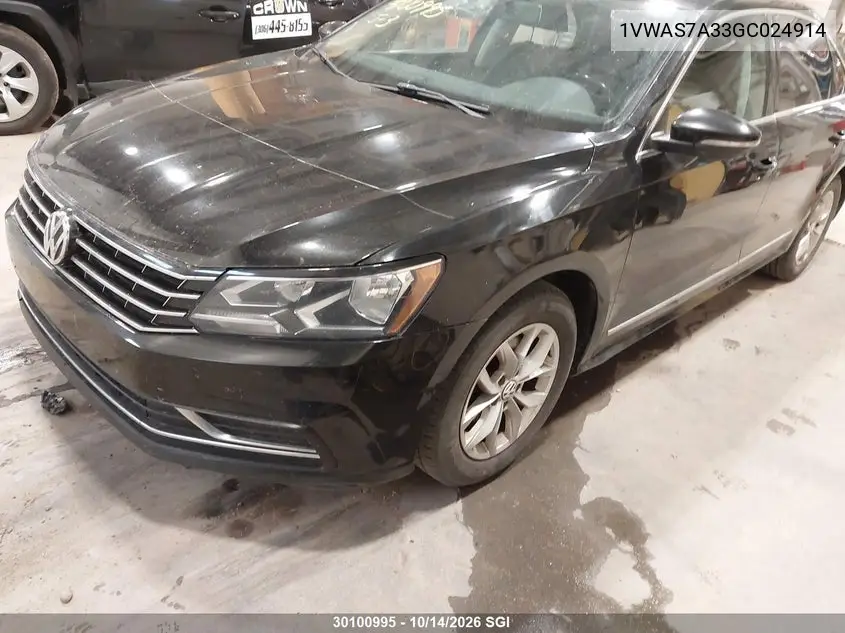 2016 VOLKSWAGEN PASSAT VIN 1VWAS7A33GC024914 — фото 2