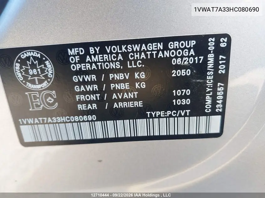 2017 VOLKSWAGEN PASSAT VIN 1VWAT7A33HC080690 — фото 9