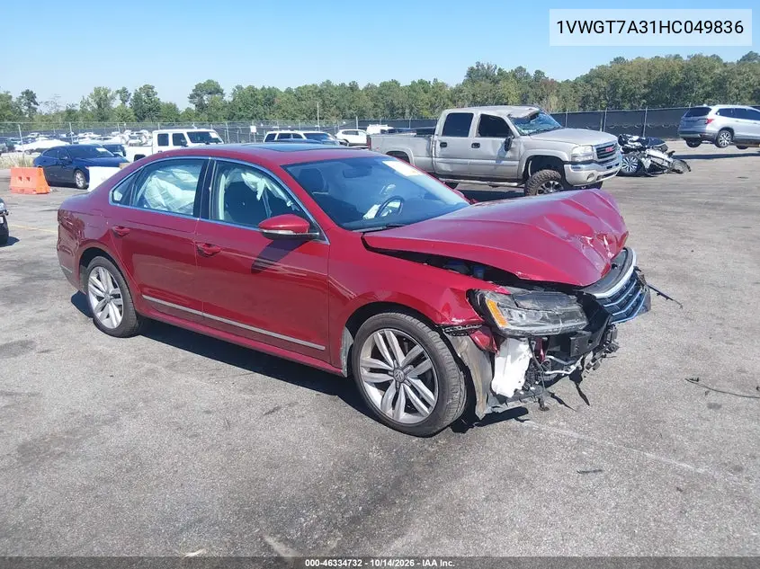 VOLKSWAGEN PASSAT 2017, VIN 1VWGT7A31HC049836