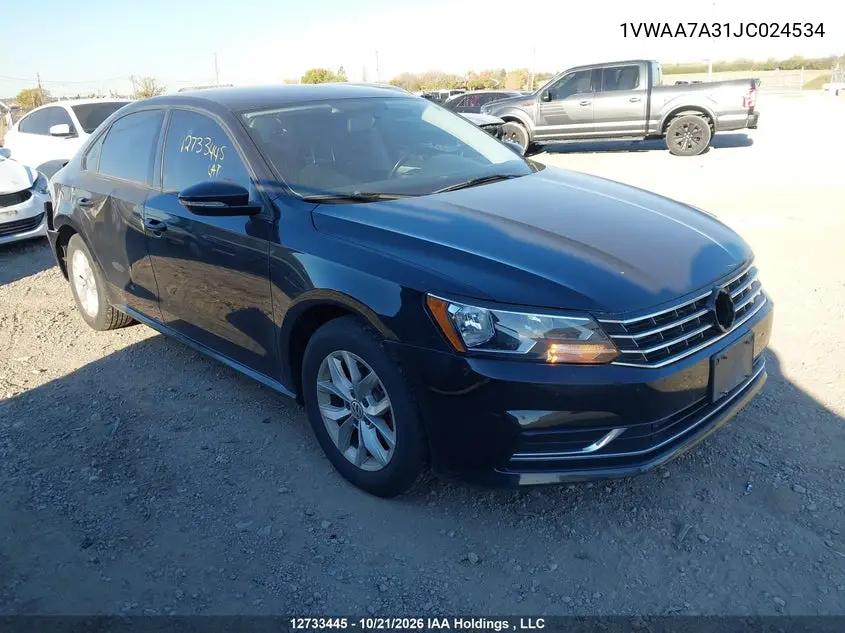 VOLKSWAGEN PASSAT 2018, VIN 1VWAA7A31JC024534