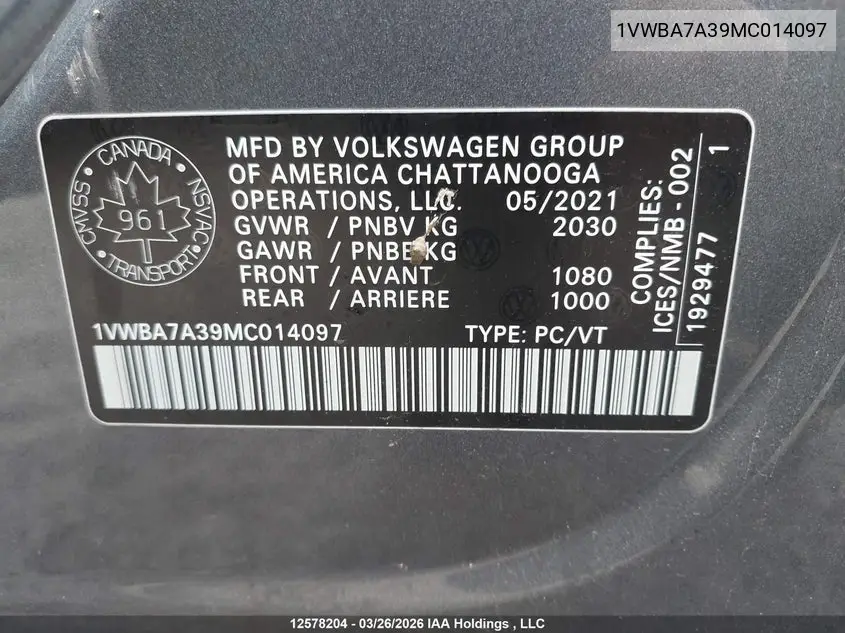 2021 VOLKSWAGEN PASSAT VIN 1VWBA7A39MC014097 — фото 20