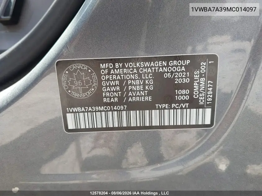 2021 VOLKSWAGEN PASSAT VIN 1VWBA7A39MC014097 — фото 24