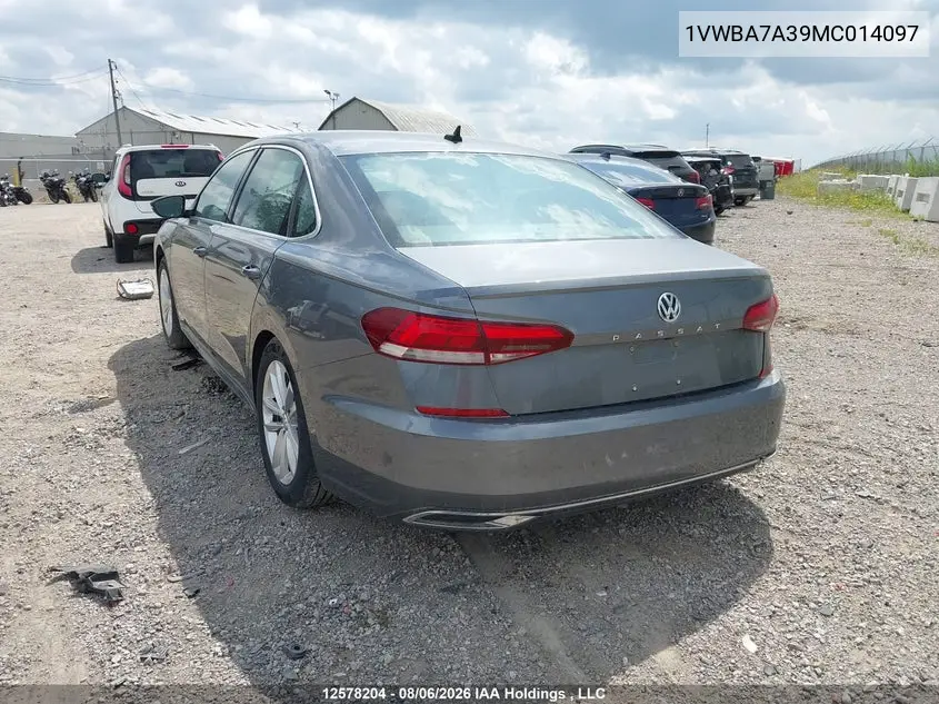 2021 VOLKSWAGEN PASSAT VIN 1VWBA7A39MC014097 — фото 3