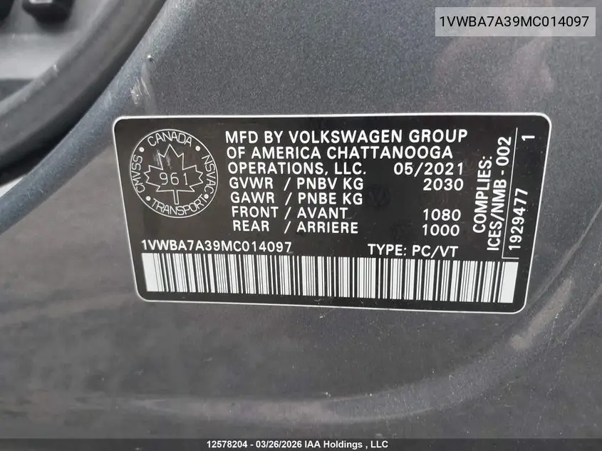 2021 VOLKSWAGEN PASSAT VIN 1VWBA7A39MC014097 — фото 9