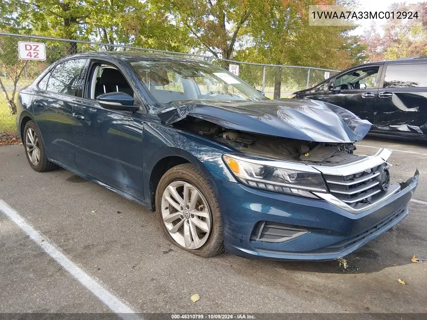 VOLKSWAGEN PASSAT 2021, VIN 1VWAA7A33MC012924