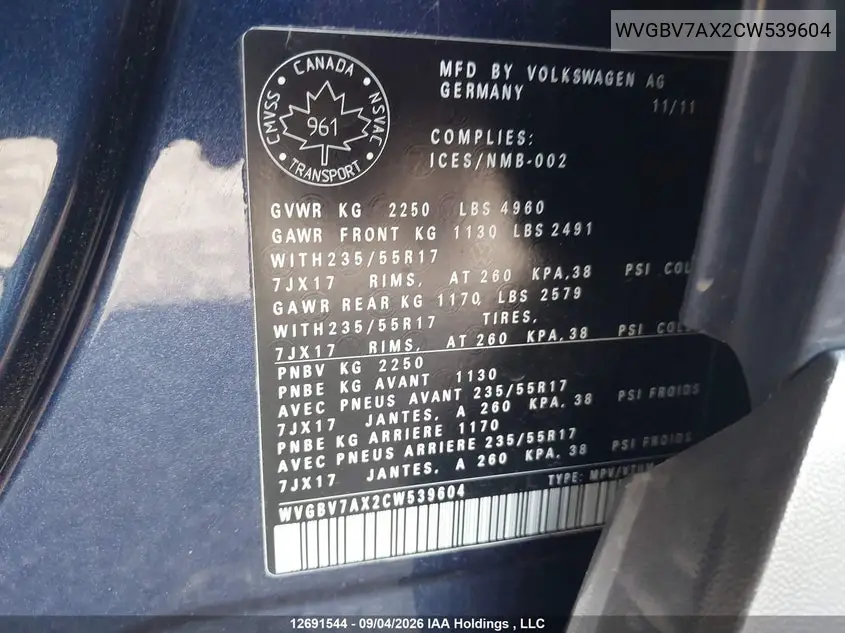 2012 VOLKSWAGEN TIGUAN VIN WVGBV7AX2CW539604 — фото 9