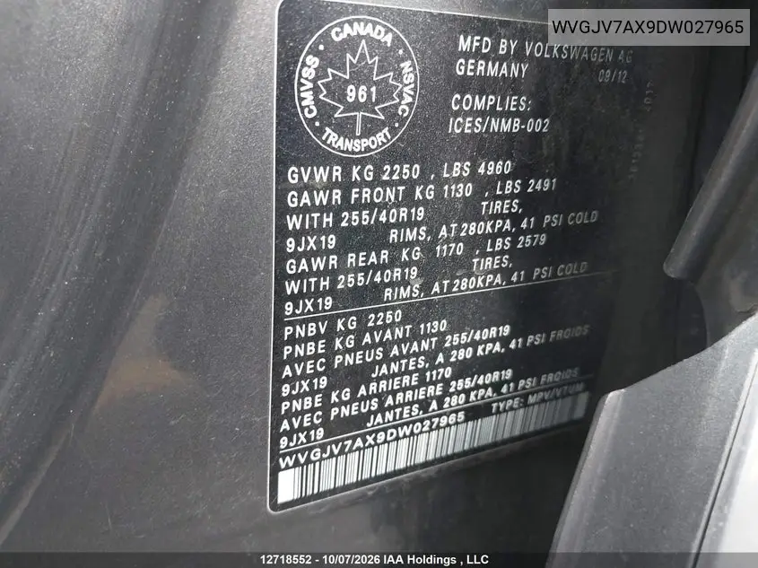 2013 VOLKSWAGEN TIGUAN VIN WVGJV7AX9DW027965 — фото 19