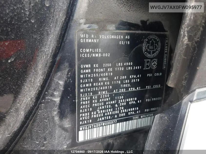 2015 VOLKSWAGEN TIGUAN VIN WVGJV7AX0FW095977 — фото 9