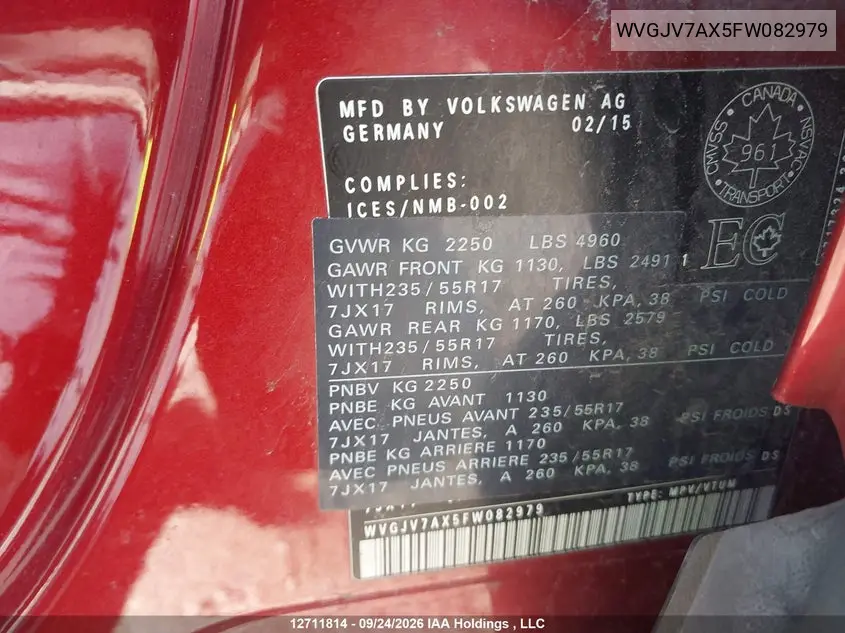 2015 VOLKSWAGEN TIGUAN VIN WVGJV7AX5FW082979 — фото 9