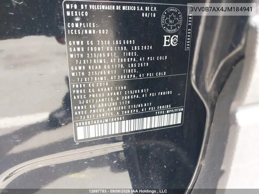 2018 VOLKSWAGEN TIGUAN VIN 3VV0B7AX4JM184941 — фото 19