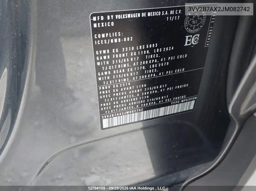 2018 VOLKSWAGEN TIGUAN VIN 3VV2B7AX2JM082742 — фото 9